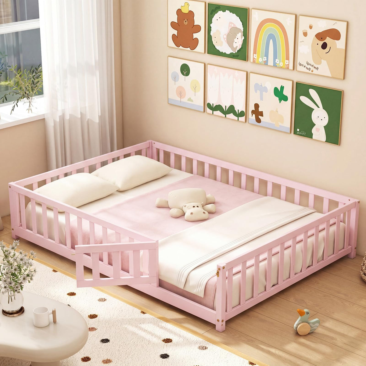 GIANTEX Twin Floor Bed with Fence for Kids, Wooden Montessori Bed Frame with Lockable Door & Guardrails, Low Floor Beds for Kids, Boys, Girls, No Box Spring Needed, Without Wood Slats, White