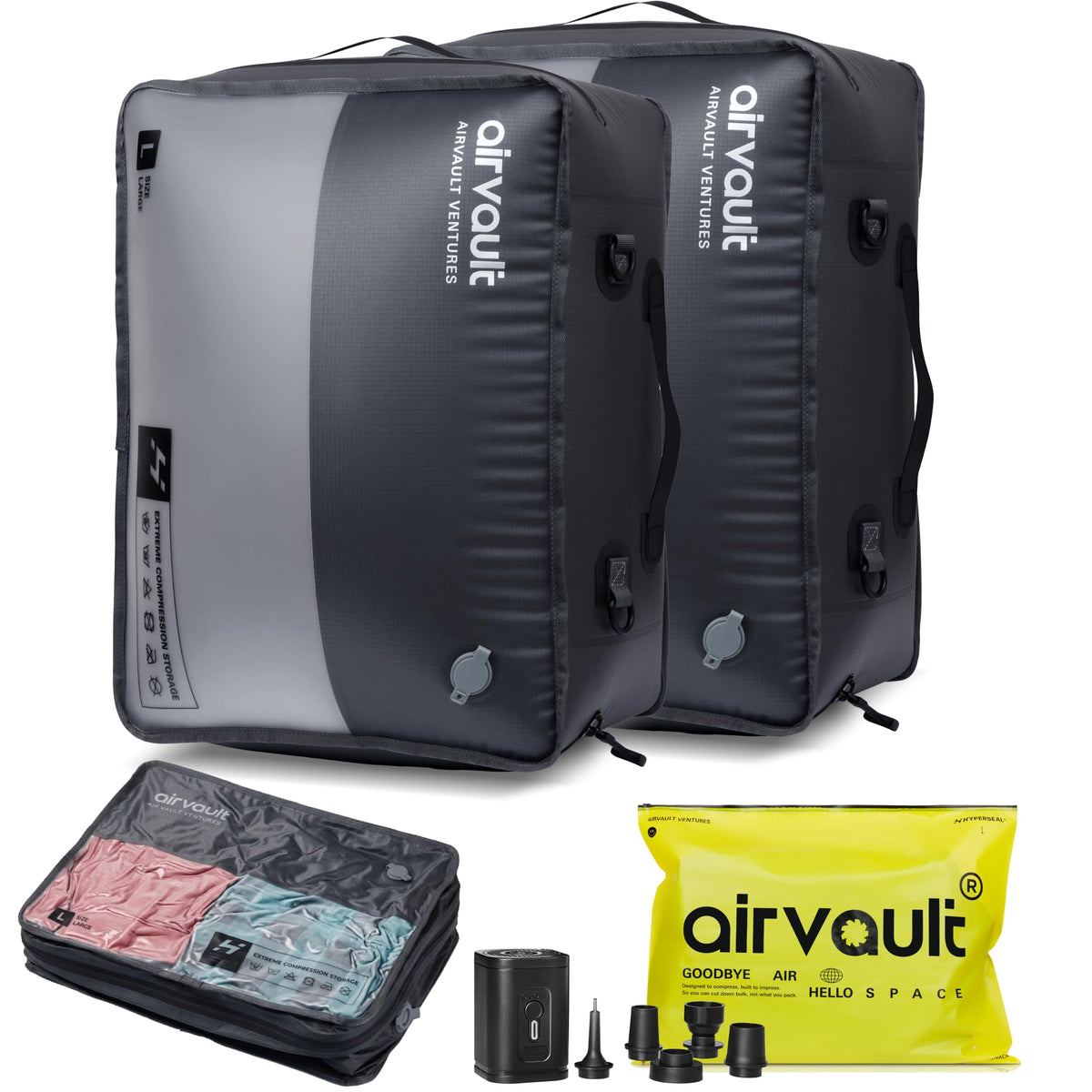 AirVault Reusable Vacuum Compression Travel Bag for Carry-On Suitcase and Backpack, Recycled IPX8 Waterproof Space Saver Vacpack (21L Gray (3-Pack) (Air Pump Included)