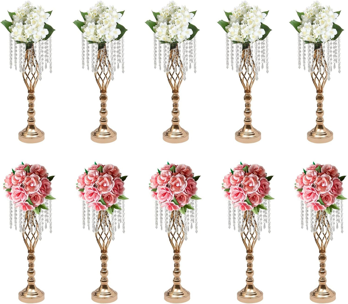 Wedding Centerpieces Gold Vases,10PCS Metal Flower Candle Holder with Sparkling Crystal Beads,Crystal Flower Vase Metal Flowers Stand for Party Tables Decorations (10PCS-Gold-14cm)