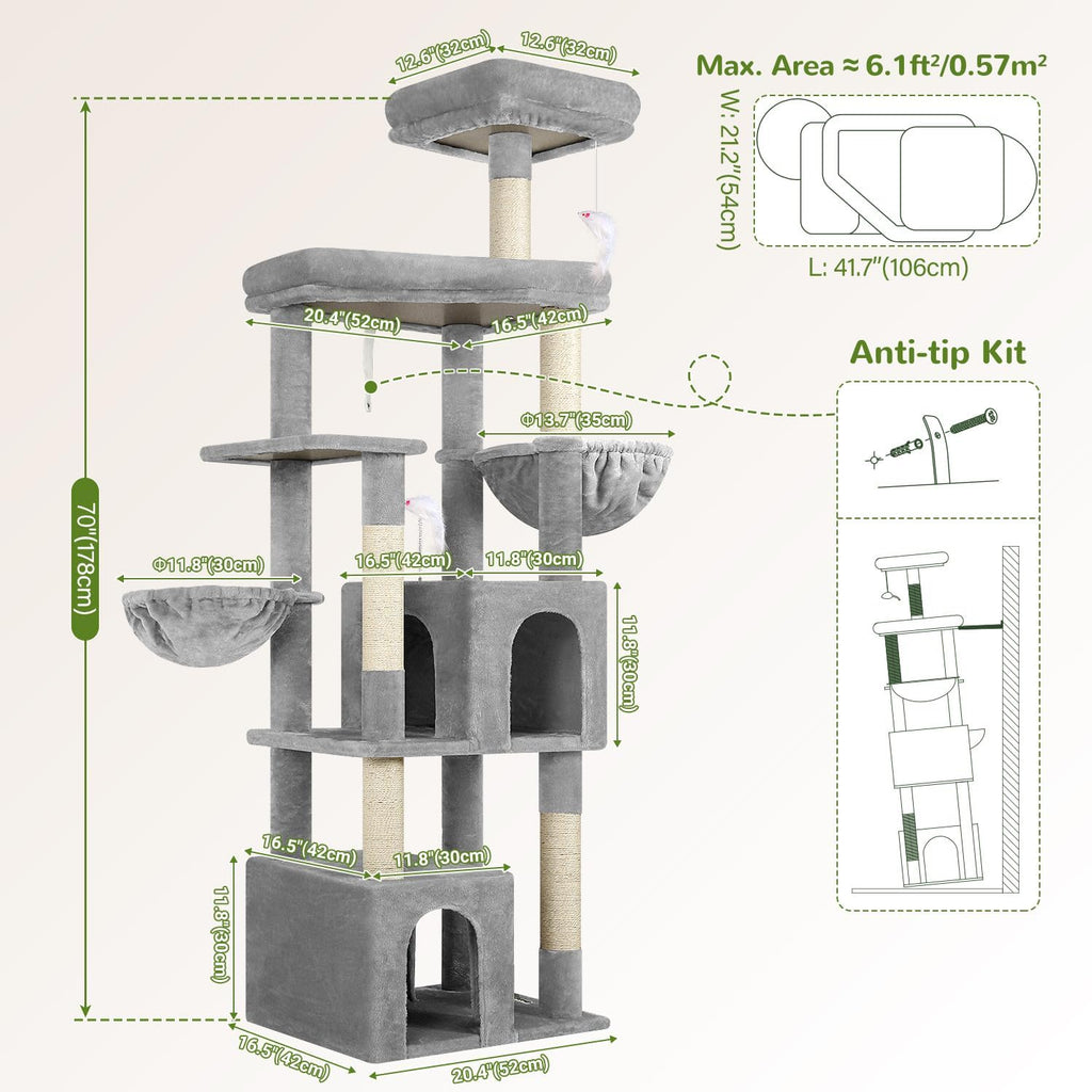 Globlazer Sturdy Cat Tree for Indoor Cats 20 lbs, S68, Cloud Grey