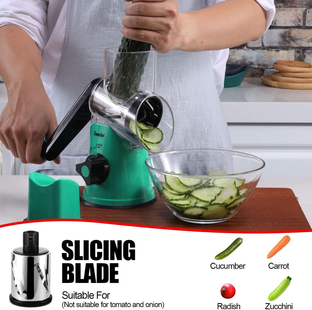 Geedel Rotary Cheese Grater, Kitchen Mandoline Vegetable Slicer with 3 Interchangeable Blades, Easy to Clean Rotary Grater Slicer for Fruit, Vegetables