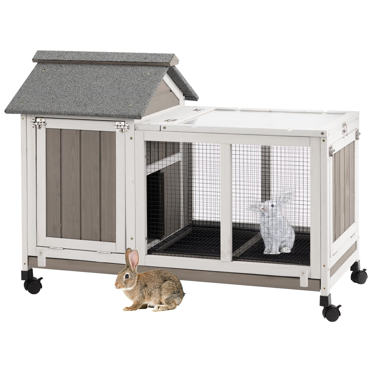2-Story Rabbit Hutch Indoor & Outdoor, Large Bunny Hutch with 3 Pull-Out Trays, 6 Lockable Wheels, Wooden Rabbit Cage with Asphalt Roof & 6 Accesses for 2-4 Rabbits, Backyard, Home, Patio