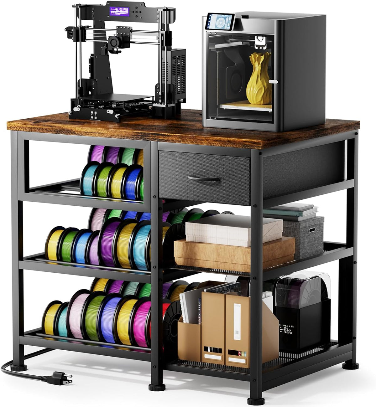 3D Printer Stand with Filament Storage Rack, Heavy Duty 3D Printer Table with Power Outlet, 4-Tier Filament Holder with Drawer, 3D Printer Filament Stand Organized for Office Workshop Studio