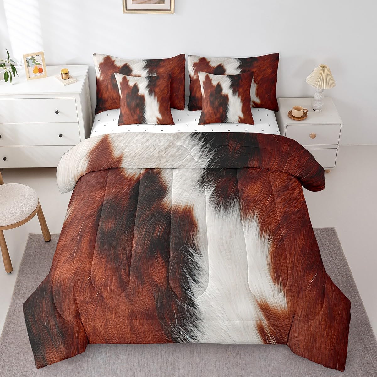 Erosebridal Brown Cow Print King Comforter Set 7 Piece, Simulated Black Cowhide Western Farmhouse Bedding Sets with Sheets, Rustic Highland Cow Skin Bed in a Bag with Fitted Flat Sheet, Pillowcases