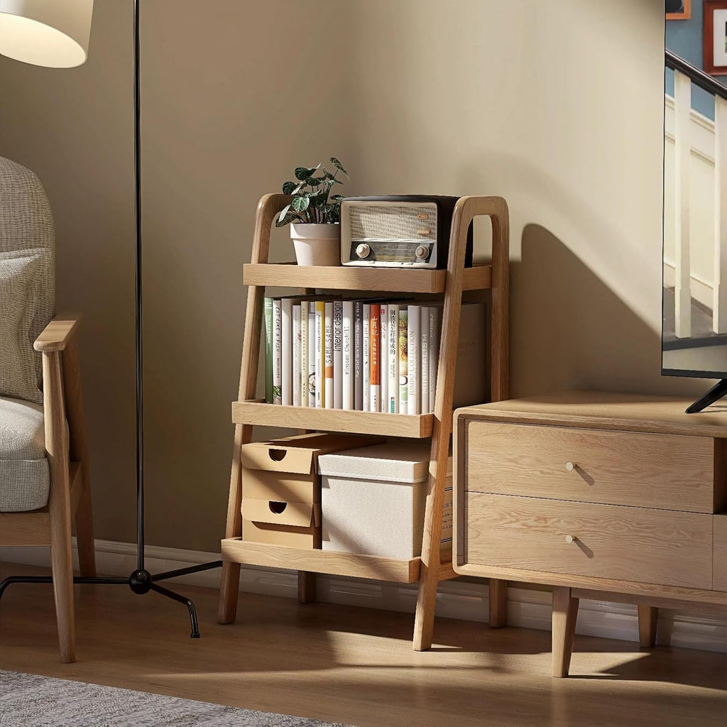 100% Solid Oak 3 Tier Ladder Shelf for Saving Space, Small Bookshelf with Stable Frame, Free Standing Ladder Shelves for Living Room Bedroom Couch, (Natural, 17.72" W x 12.6" L x 31.5" H)