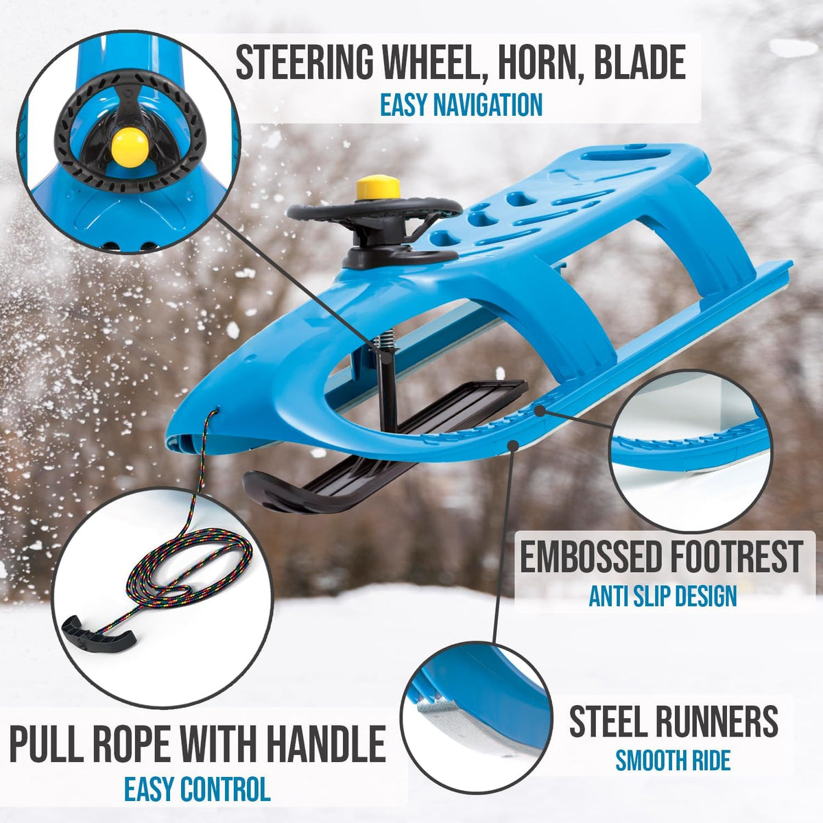 Snow Sled for Kids - SnowRush Sledge - Single Rider Racer Toboggan with Pull Rope and Steering Wheel; Outdoor Plastic Winter Sleigh for Toddlers & Kids