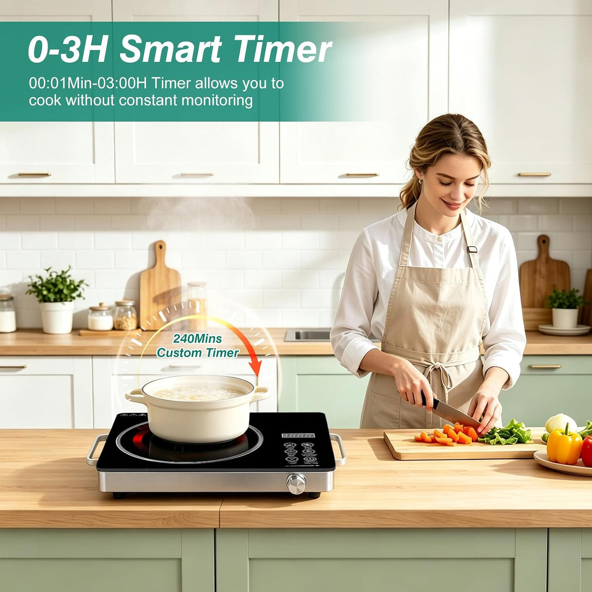 Electric Countertop Single Burner, 3500W Ceramic Cooktop with Crystal Glass Hot Plate & Stay Cool Handles, 12 Level Temperature Control, LED Display, Touch Control, Cooking Stove for Home Camping RV