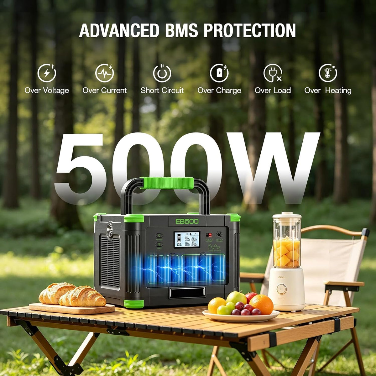Portable Power Station 500W (Peak 1000W), 519.48Wh Outdoor Solar Generator