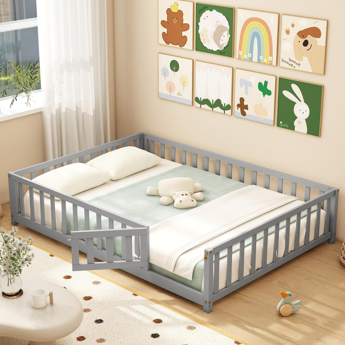 GIANTEX Full Size Floor Bed for Kids, Low Montessori Bed with Wood Slats & Safety Guardrails, Solid Wood Full Floor Beds with Fence and Door for Kids Boys Girls, White