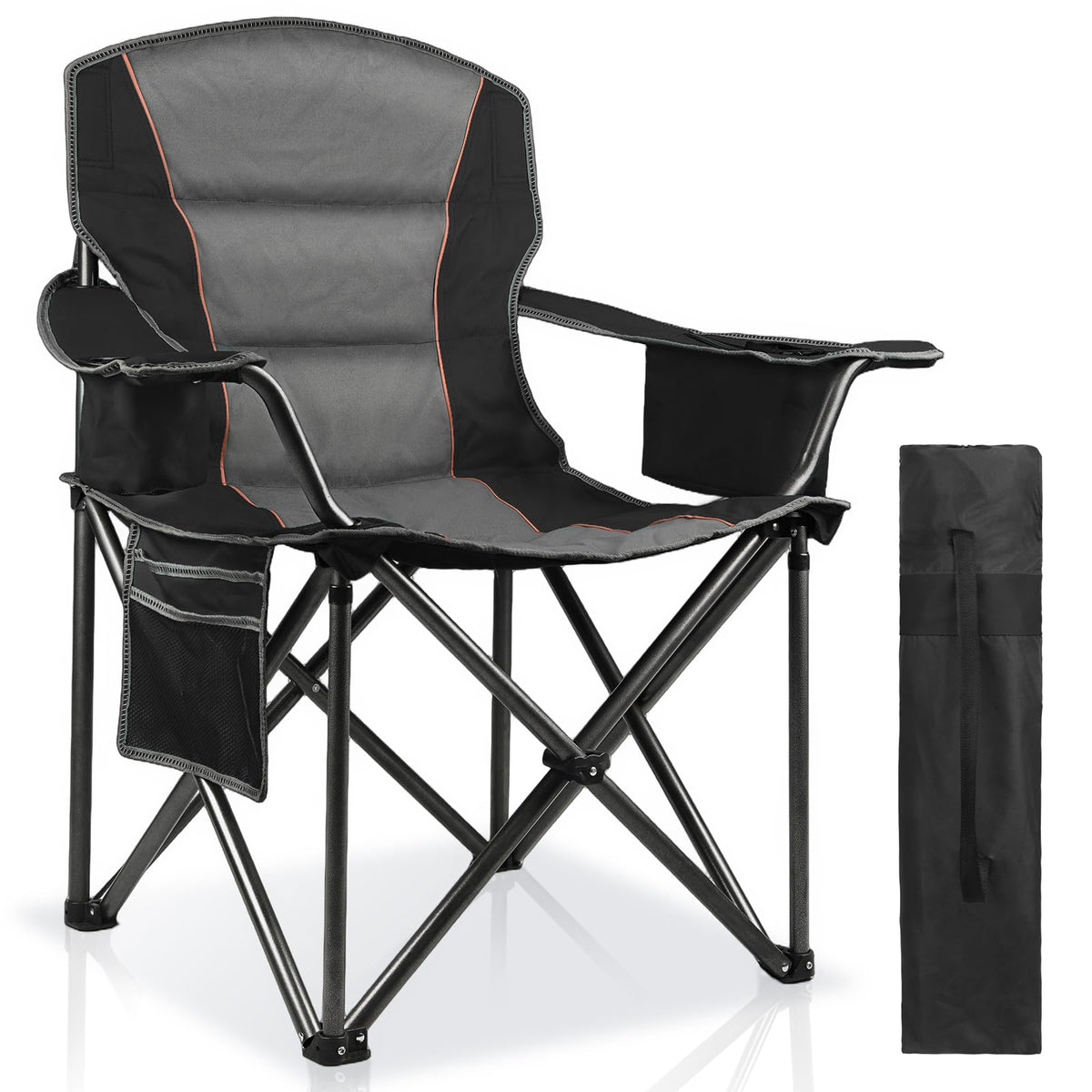 2 Pack Padded Oversized Camping Chairs for Adults,Heavy Duty Support 400 Lbs,Folding Portable Lawn Chair w/Cup Holder,Cooler Bag,Side Pocket,Perfect for Outdoor Picnic,Hiking(Orange&Blue)