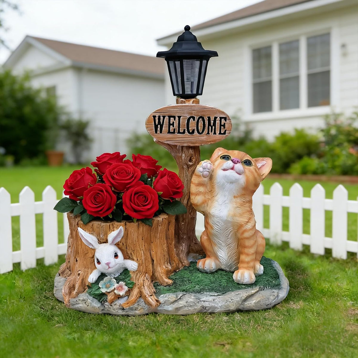 Solar Ginger Cat Statue with Welcome Sign & Lantern, Kitten Garden Figurine Planter Pot, Realistic Outdoor LED Light for Porch, Yard Art & Lawn Decor, Unique Gift for Cat Lovers
