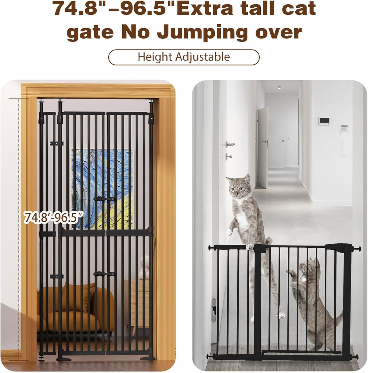 Glaf 74" Extra Tall Cat Gat, 30.31-38.19" Wide Adjustable Cat Door Pressure Mounted Pet Gate with Extra Narrow Gap Auto Close Dog Safety Gate for Doorways, Kitchen,Stairs