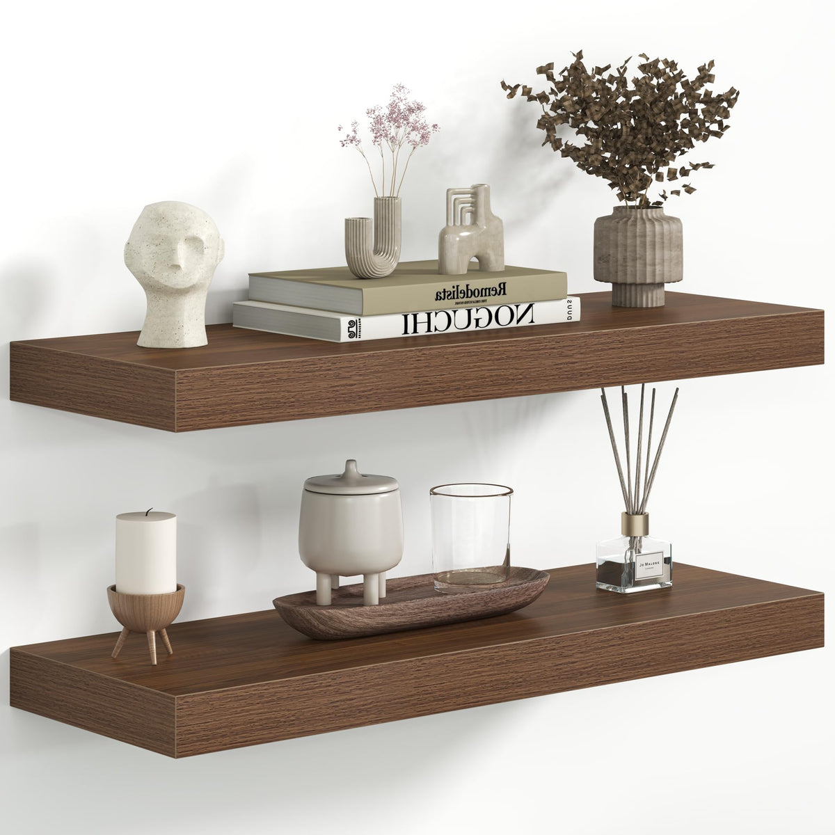 Fun Memories Floating Shelves - 2 Pack 12 Inch Rustic Wooden Wall Shelves - Extra Deeper & Thicker Wall Mounted Storage Shelf for Living Room, Kitchen, Farmhouse - 36" W x 12" D x 1.8" H - Brown