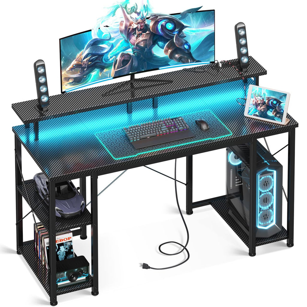 ODK 48 Inch Gaming Desk with LED Lights & Storage Shelves, Black