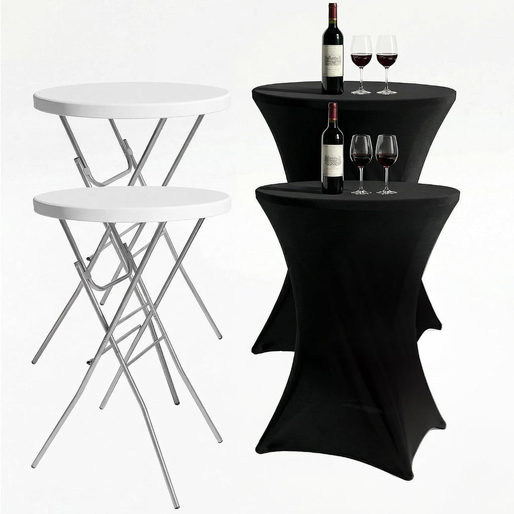2-Pack 28 Inch Round Folding High Top Cocktail Tables with Dual Black Tablecloths, Portable Bar Height Bistro Set, Detachable Legs, Heavy Duty Indoor Outdoor Furniture for Wedding, Party & Events