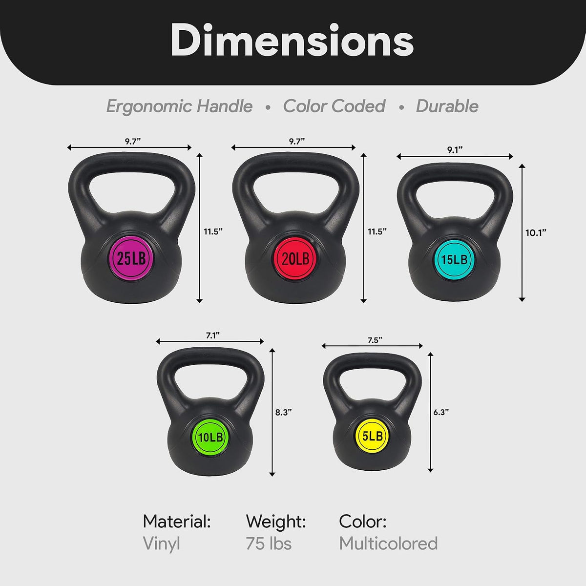 BalanceFrom Vinyl Kettlebell Set, 30/45/50/75 Pound Options – Cement-Filled Strength Training Weights with Ergonomic Grip and Color Coding for Full Body Fitness at Home or Gym