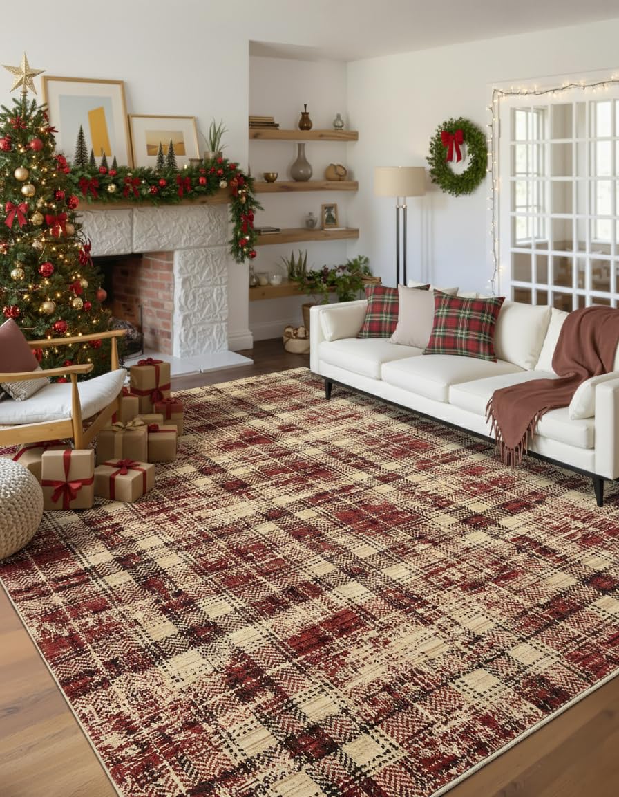 Modern Washable 8x10 Area Rug - Soft, Non-Slip, Stain Resistant, Farmhouse Tartan Plaid for Living Room, Bedroom, Nursery, Office - Beige