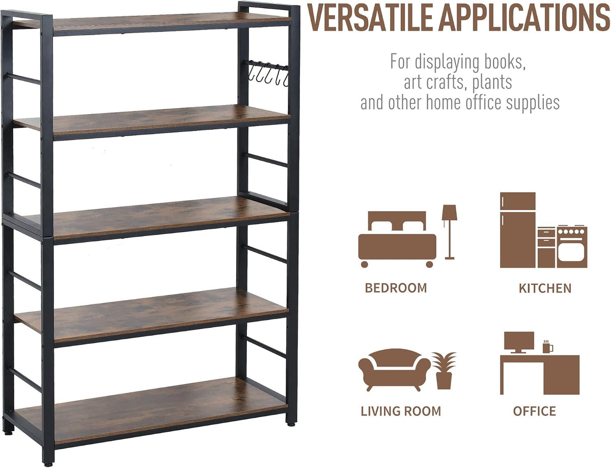 5-Tiers Bakers Rack,Microwave Oven Stand with Shelves,5 Tier Utility Storage Shelf with 5 Hooks,Multifunctional Shelf for Kitchen,Bathroom,Livingroom,Storehouse...