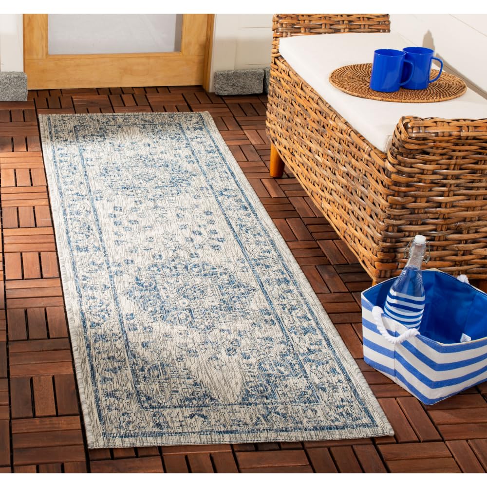 SAFAVIEH Washable Rug Outdoor Courtyard Collection - 6'7" Square, Grey & Navy, Non-Shedding & Easy Cleaning, Ideal for Patio, Backyard, Mudroom (CY8679-368)