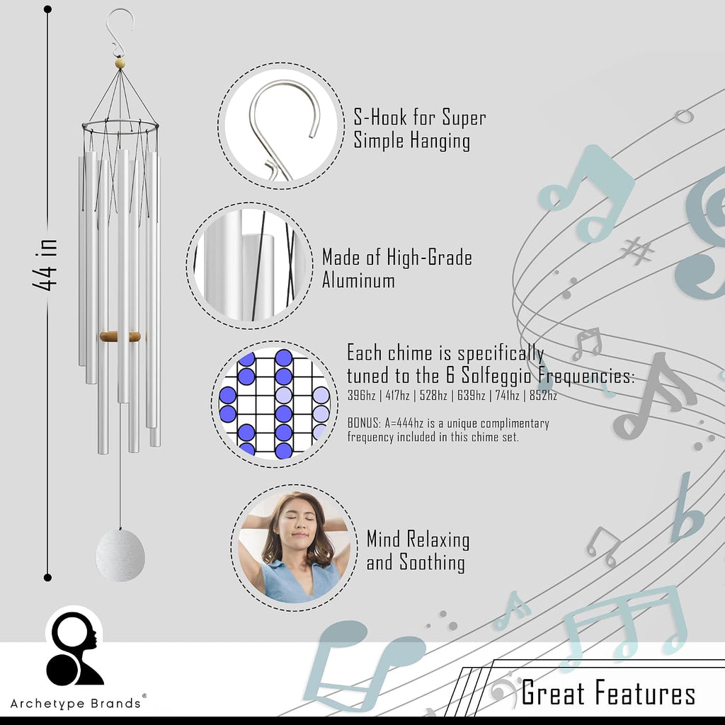 Wind Chimes for Outside and Inside – 44 inch – 528hz Solfeggio Healing Tones - Silver