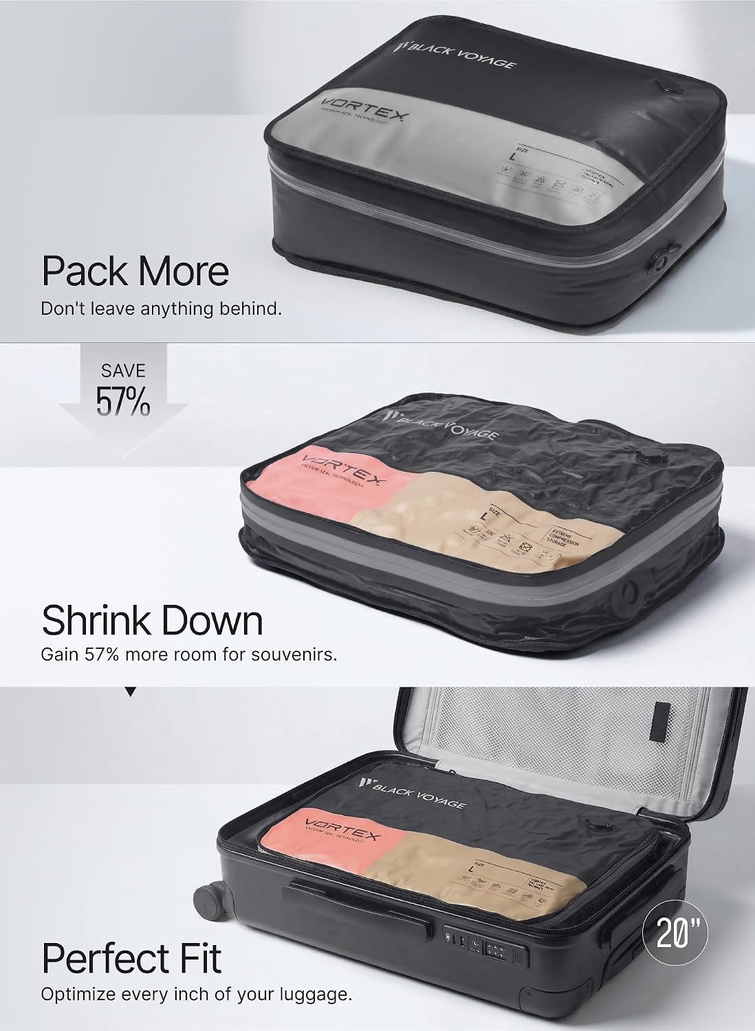 Black Voyage Reusable Vacuum Compression Travel Bag for Carry-On Suitcase and Backpack, Recycled IPX8 Waterproof Space Saver Vacpack (2-Pack, 41L - No Pump)