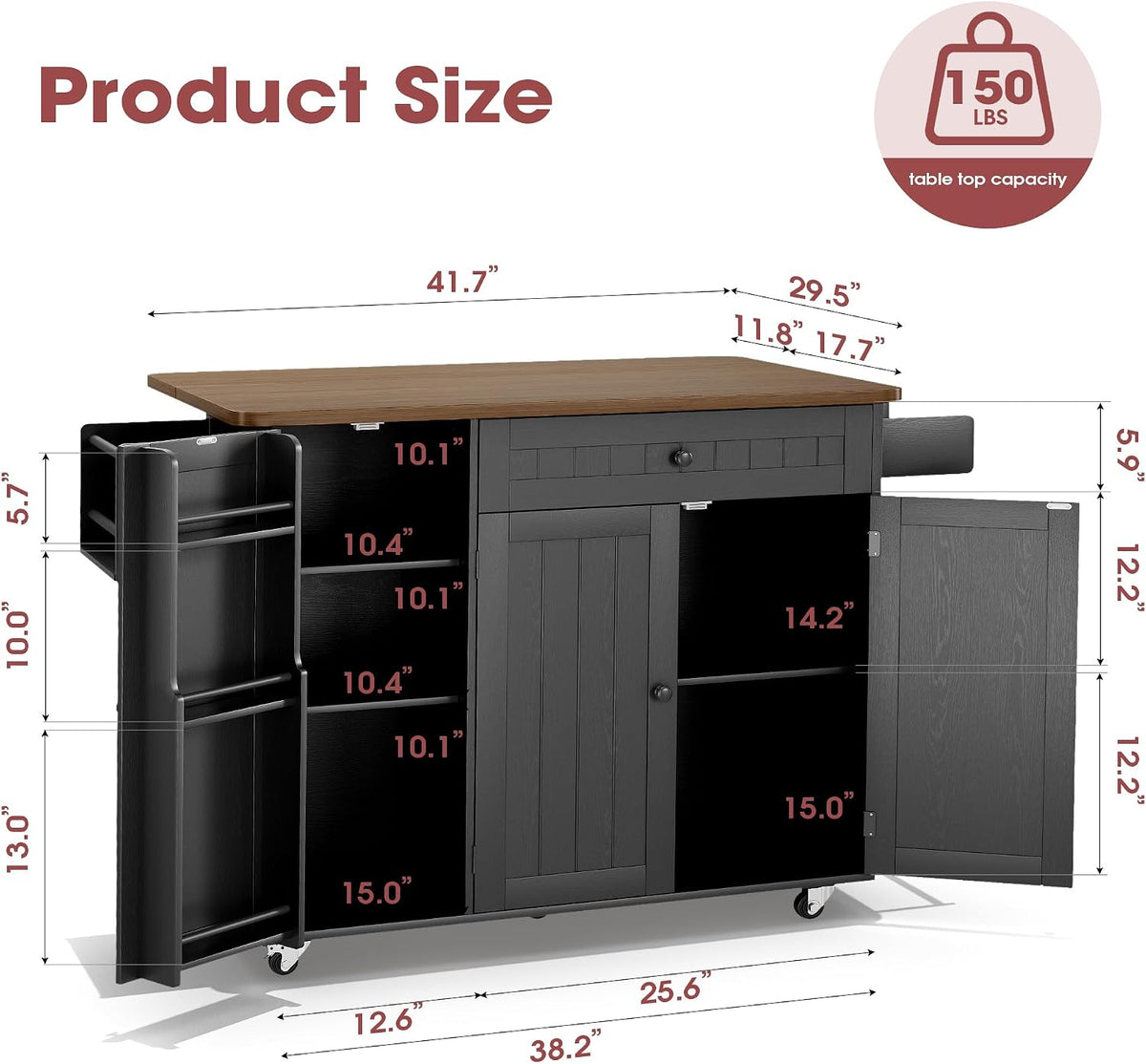 GRUSIGN 41.7" Rolling Kitchen Island Cart with Drop Leaf Storage, Black