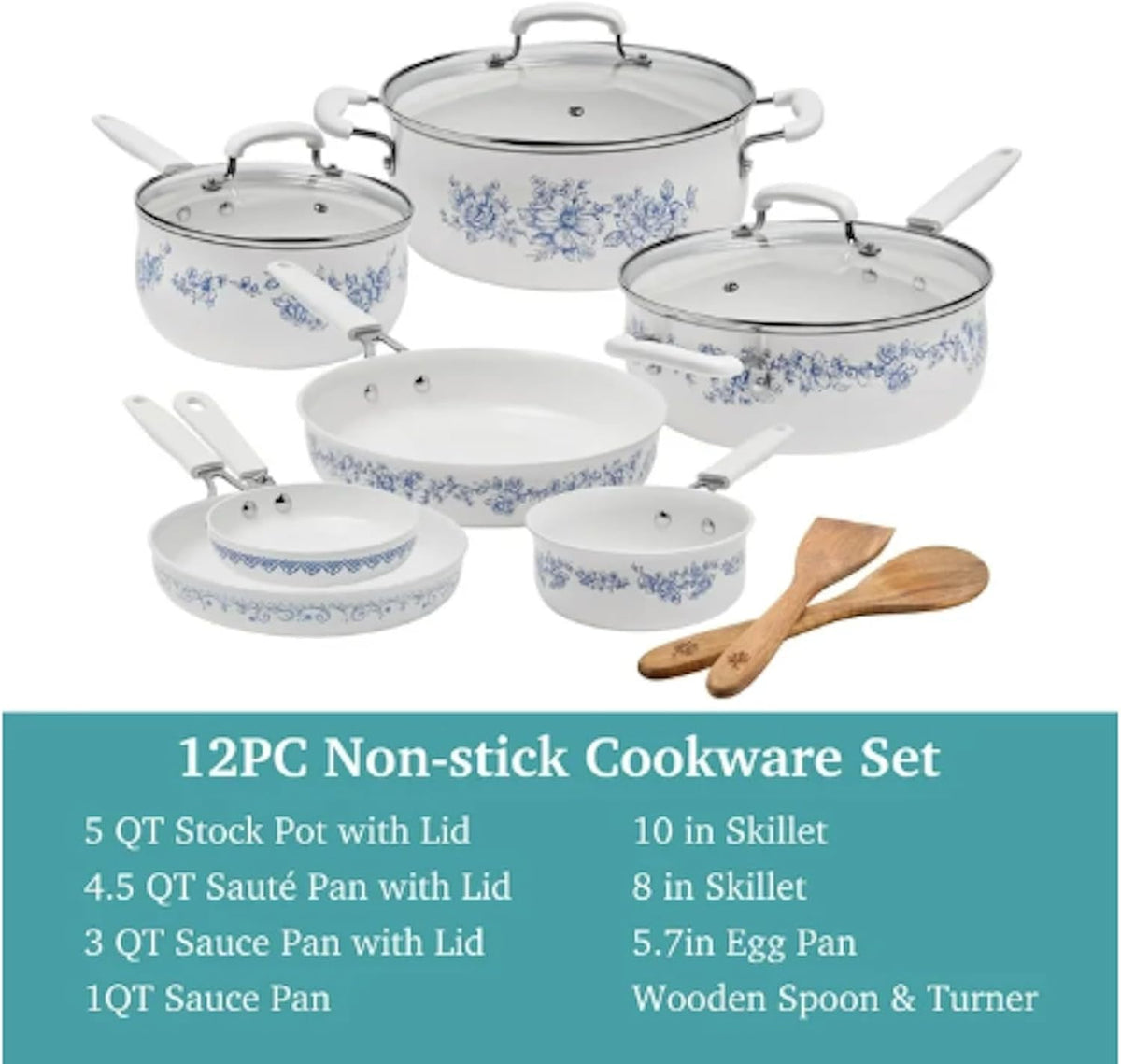 Pioneer Woman Style Agatha 12-Piece Aluminum & Ceramic Classic Cookware Set Blue