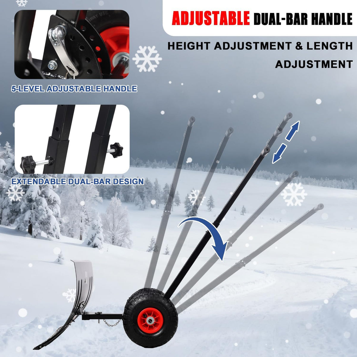 Snow Pusher with Wheels, 29" WideSnow Shovel for Driveway, 5-Position Angle & Height Handle Ergonomic Design for Back-Save Effort Snow Removal (Double Rod-W 29''-B)