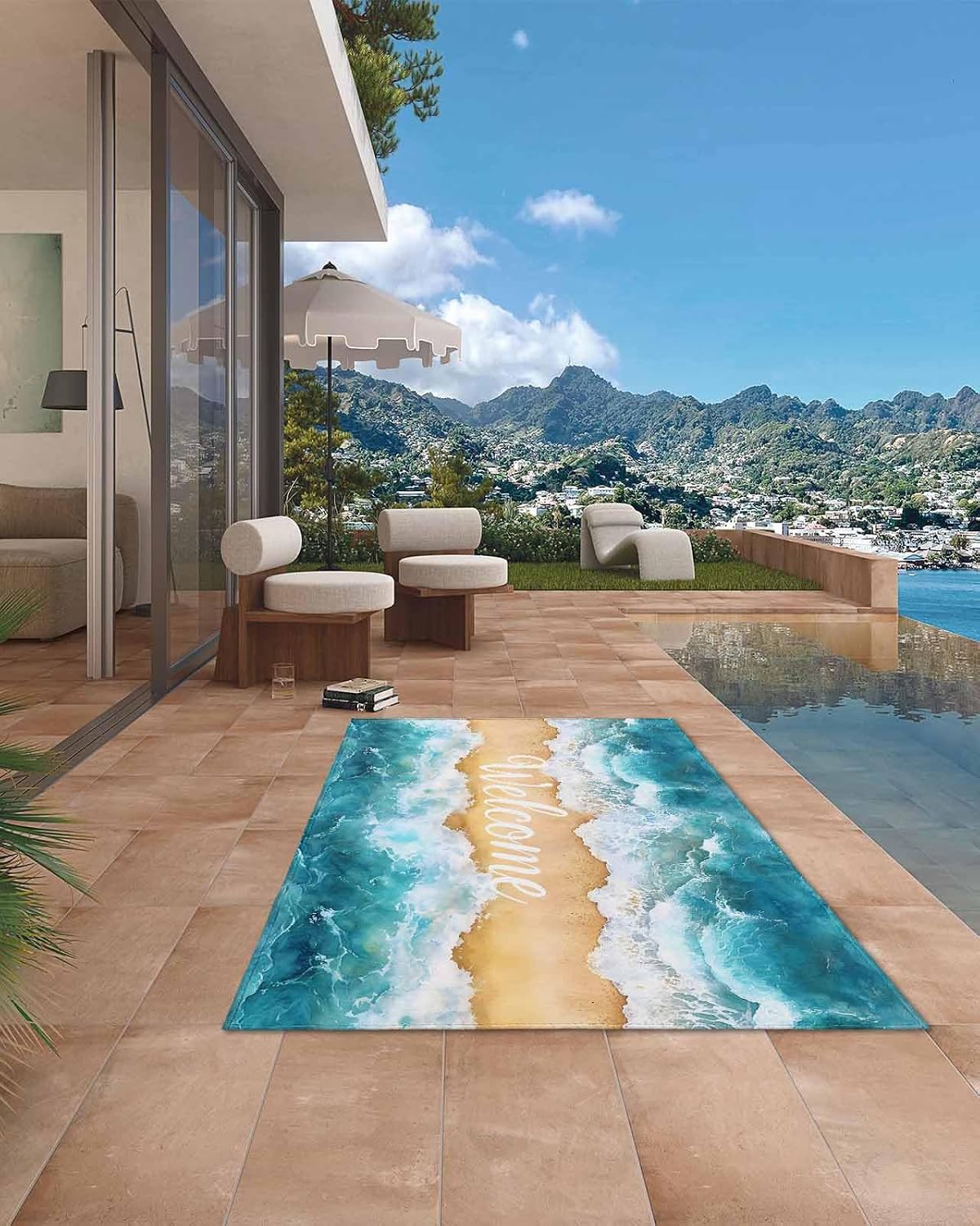 Welcome Summer Beach Outdoor Rug 5x8ft, Waterproof Indoor Outdoor Rug for Patio, Watercolor Ocean Camping Carpet Mat Outside Area Rug for RV Picnic Beach Balcony Deck Backyard