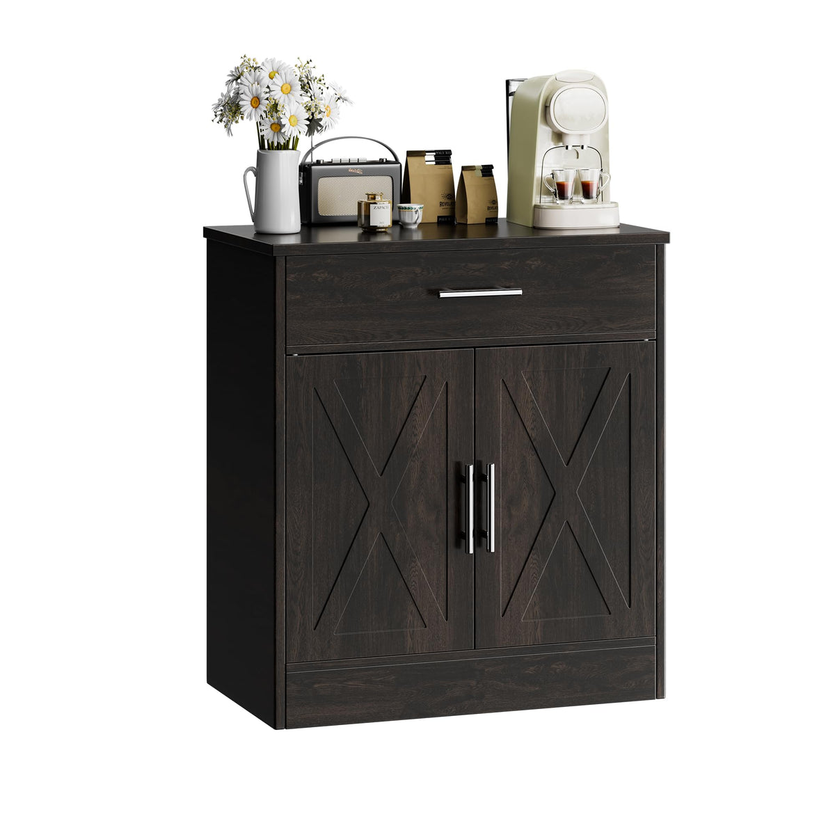 SUNLEI Coffee Bar Cabinet with Storage, Farmhouse Buffet Cabinet with 4 Doors & Adjustable Shelves, Kitchen Sideboard Cabinet for Coffee Station, Dining Room, Living Room & Home, White