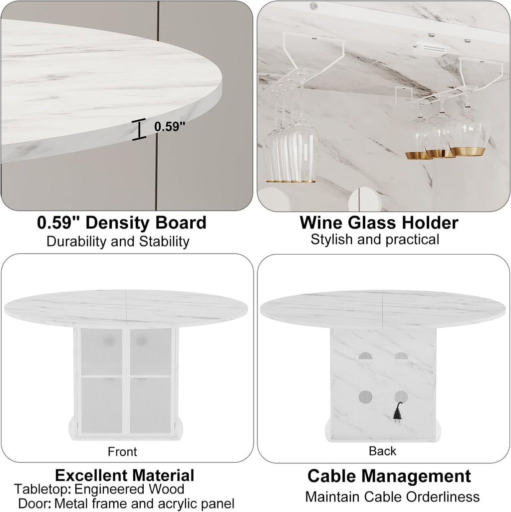 IBF 47" White Faux Marble Round Dining Table with Storage for Dining Room