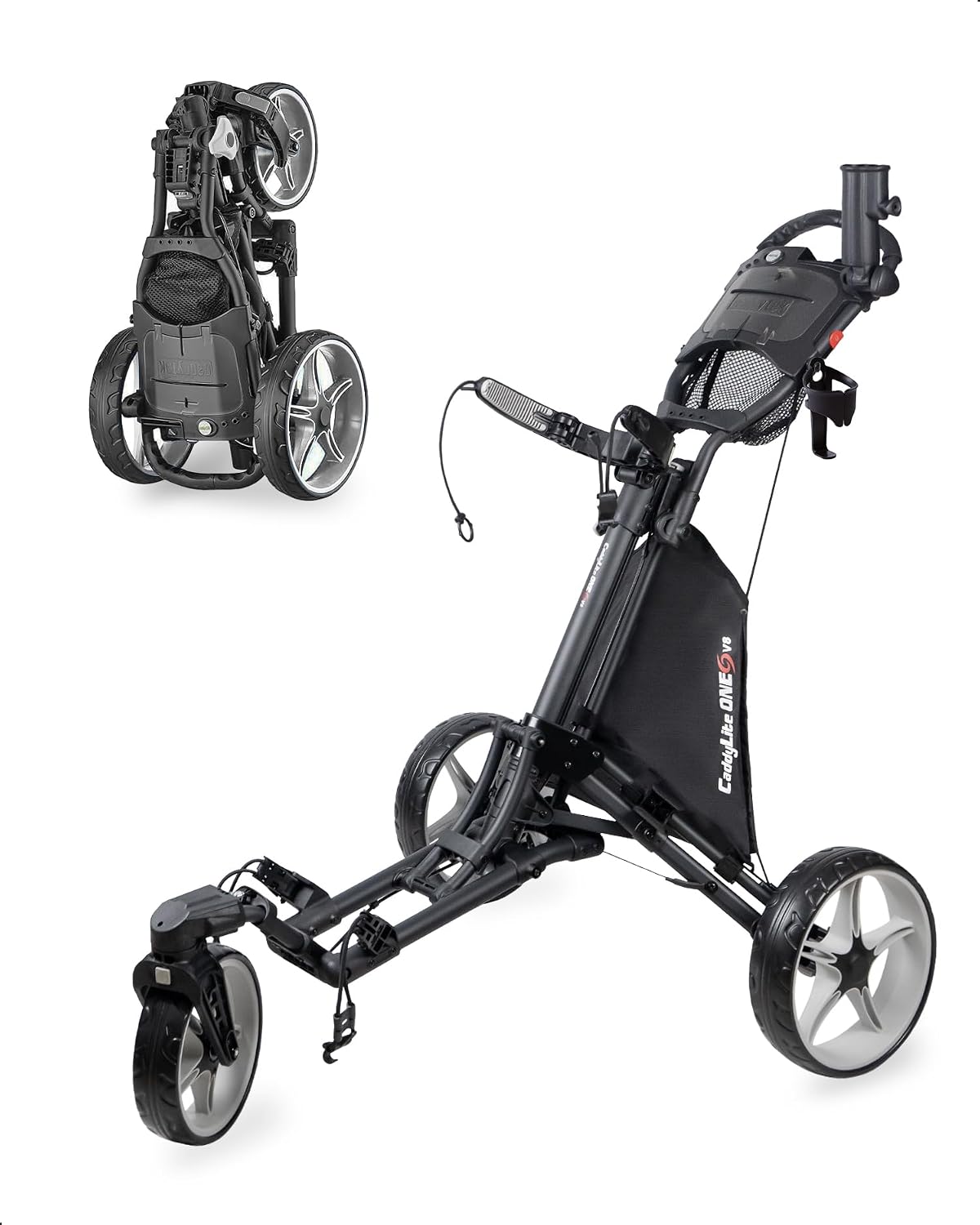 Caddytek CaddyLite ONE-Swivel V8 Golf Push Cart - Lightweight 3 Wheel Foldable Cart with One-Click Folding, 360° Swivel Front Wheel, Adjustable Handle, Cooler Basket, Umbrella & Drink Holder