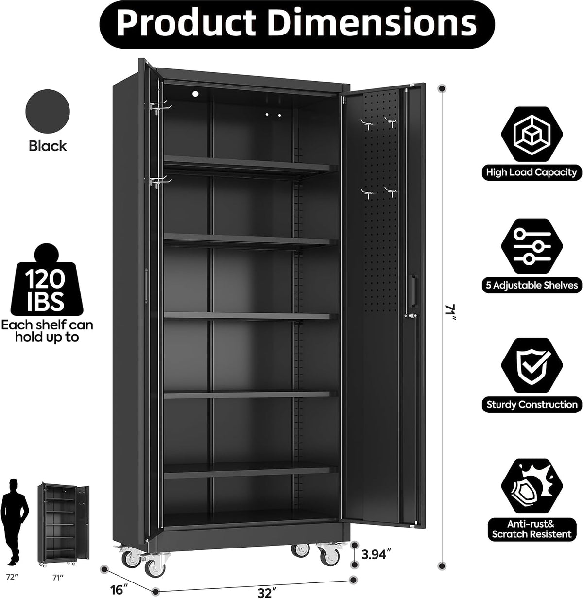 Aobabo 71" Metal Storage Cabinet with Wheels, 5 Shelves & Pegboards, Black