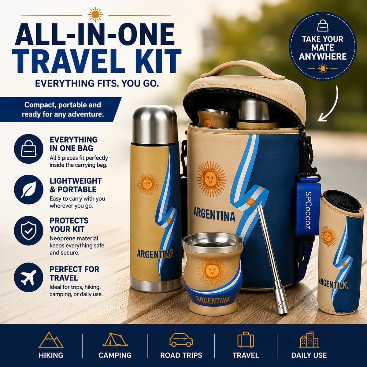 Argentine Yerba Mate Kit – Premium Stainless Steel Mate Cup & Bombilla Set with 750ml Vacuum Insulated Bottle, Yerba Container & Neoprene Bag – Authentic Argentine Design