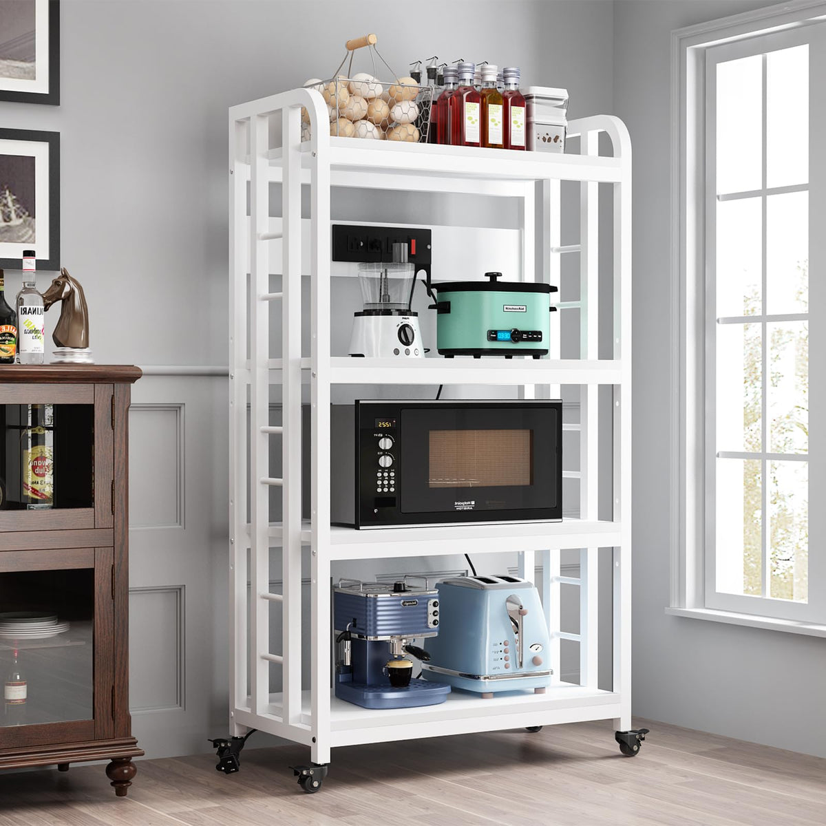 SIREDEEP Bakers Rack with Power Outlet ，4-Tier Kitchen Baker's Rack,Microwave Stand with Storage Suitable for Kitchen, Living Room, Dinning Room，Coffee Bar(Rustic Brown)