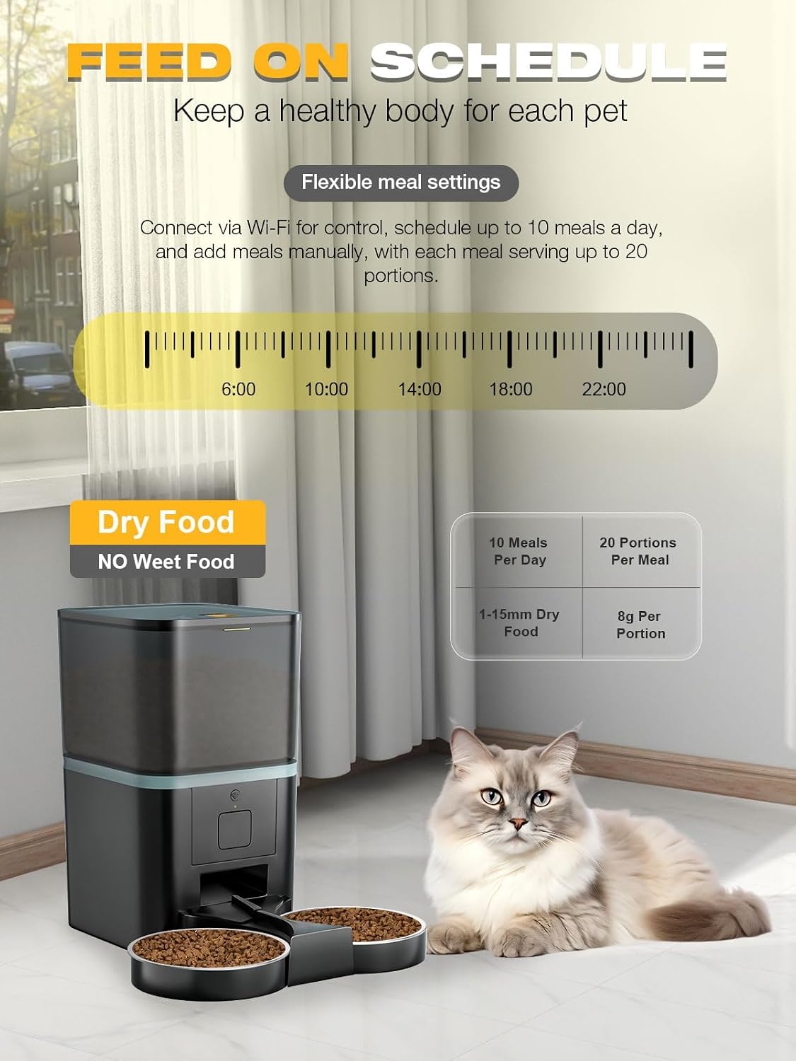 Purrfect Pet Automatic 2.4G WiFi App Control Cat Feeder, Dual Power Supply with 10s Voice Recording & Stainless Steel Bowl