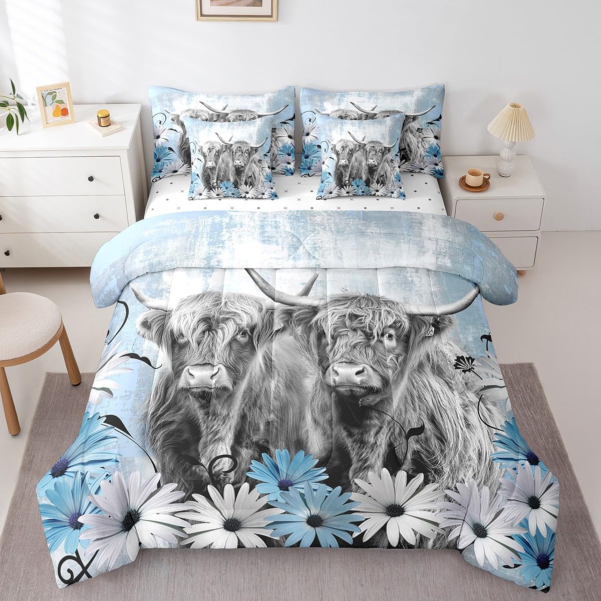 Erosebridal Brown Cow Print King Comforter Set 7 Piece, Simulated Black Cowhide Western Farmhouse Bedding Sets with Sheets, Rustic Highland Cow Skin Bed in a Bag with Fitted Flat Sheet, Pillowcases