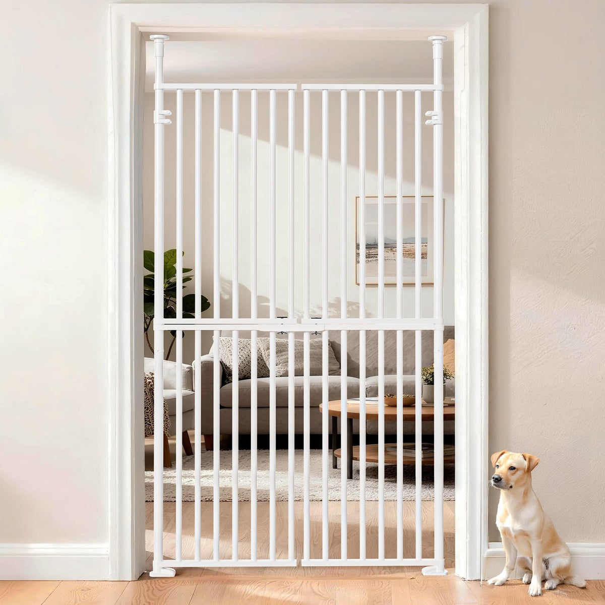 Slsy 76" Extra Tall Pet Gate for Cats & Dogs, Adjustable Width 29.5–32", No-Drill Pressure-Mounted Cat Gate, with Double-Door Walk-Through, Fits for Doorways, Stairs, Indoor & Hallways
