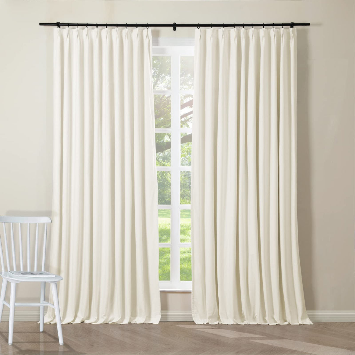 ChadMade Pinch Pleated Curtain Blackout White Pure 100% Cotton Duck Drape 108 Inches Long Curtain Plain Weave with Blackout Lining 50Wx108L (1 Panel), BOZI Collection
