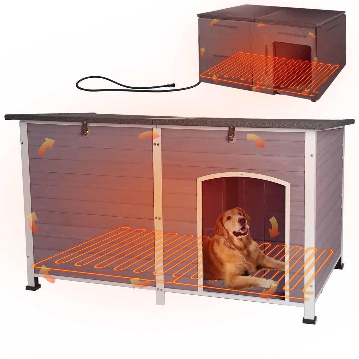 GUTINNEEN Heated Dog House Outdoor Insulated Dog House Weatherproof Dog Kennel with Thermostat-Controlled Heating Pad, 6-Sided Thermal Liner, Chew-Proof Metal Frame for Dogs
