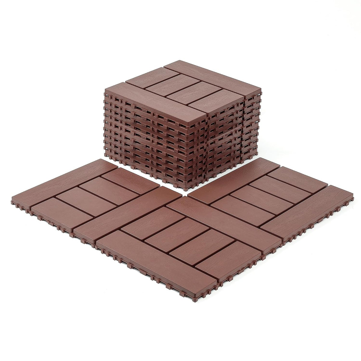 Deck Tiles for Outdoor, Plastic Outdoor Flooring Tiles, Kitchen Non Slip Polypropylene DIY Interlocking Flooring Tile Waterproof for Balcony/Patio, 44 Pcs, 12"x12" Square, All Weather Use, Brown
