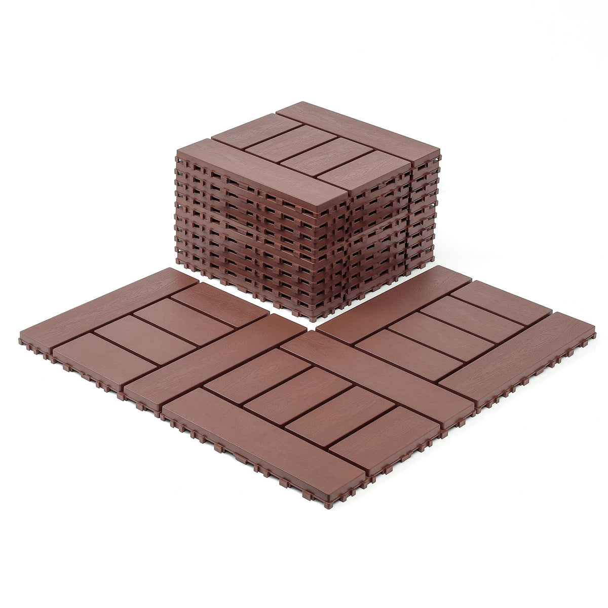 68 Pcs Interlocking Deck Tile, 61.60 Sq.Ft Deck Flooring Outdoor Waterproof All Weather, Flooring Tiles for Patio, decking Tiles for Indoor and Outdoor use, 11.42"x11.42" Square, Brown