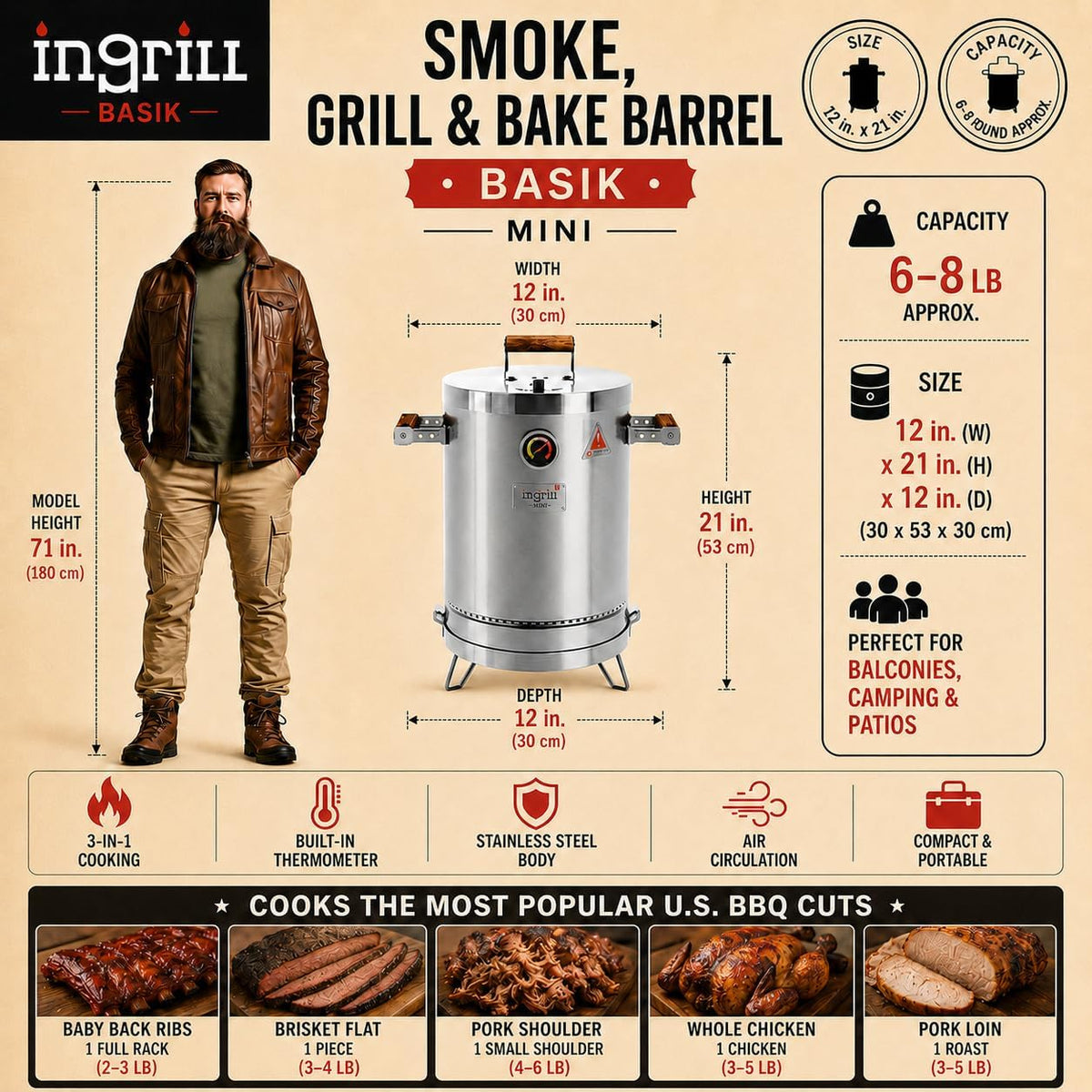 INGRILL Basik Mini 3-in-1 Charcoal Smoker Grill Combo, 6 lb Stainless Steel BBQ Barrel with 6 Hooks, Handling Hook, Ash Tray, Charcoal Basket, Grill Grate, Burger Rack, 4 Skewers & Fishbone Rack