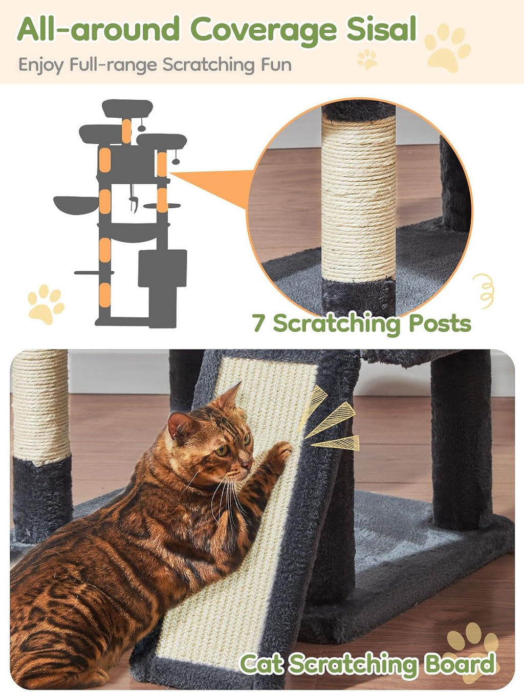 Taoqimiao Tall Cat Tree, 76In XL Cat Tower for Large Cats, 3 Padded Perches