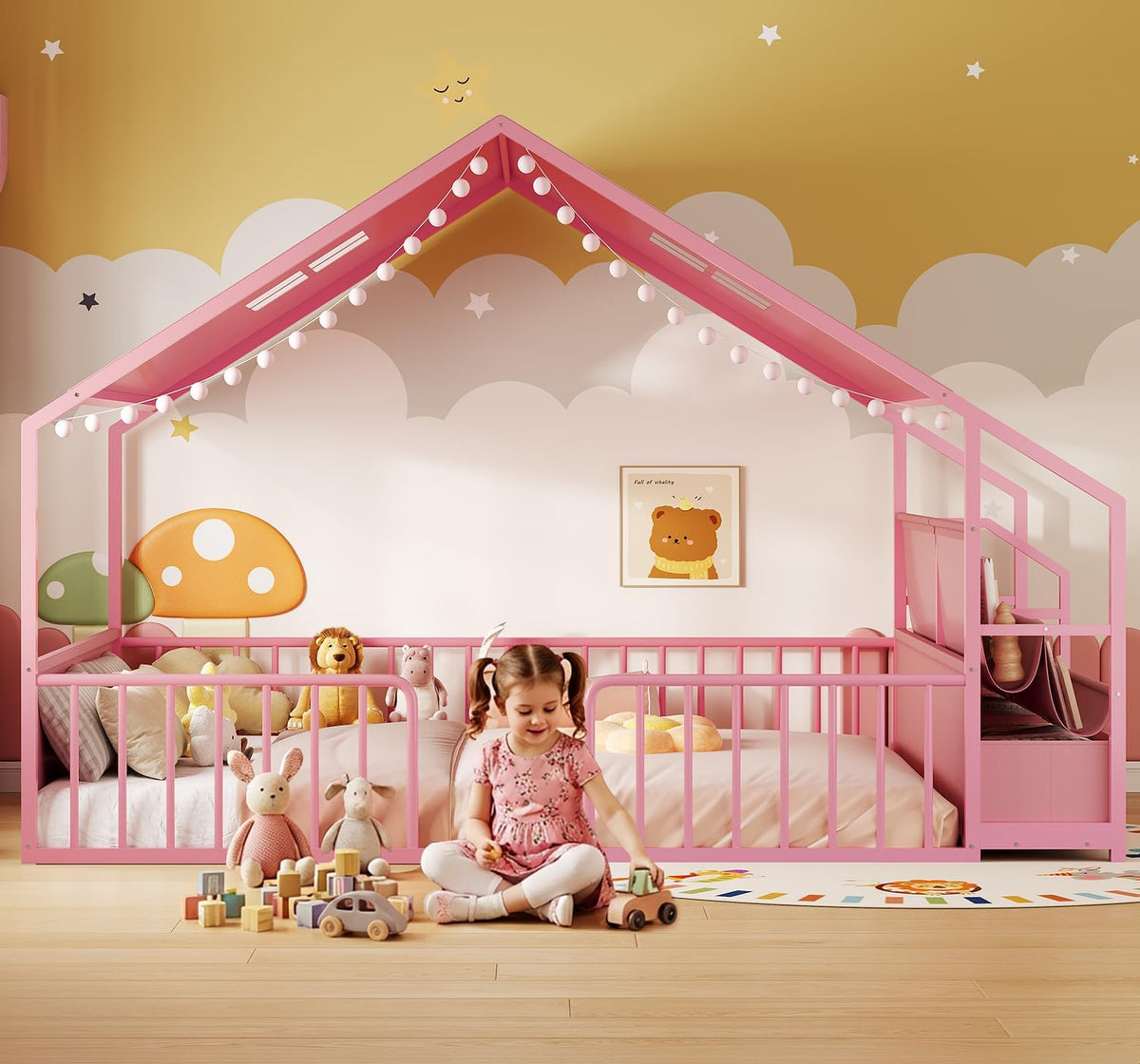 Montessori Full Size Floor Bed, Safety Guardrails, Reading Nook, Pink