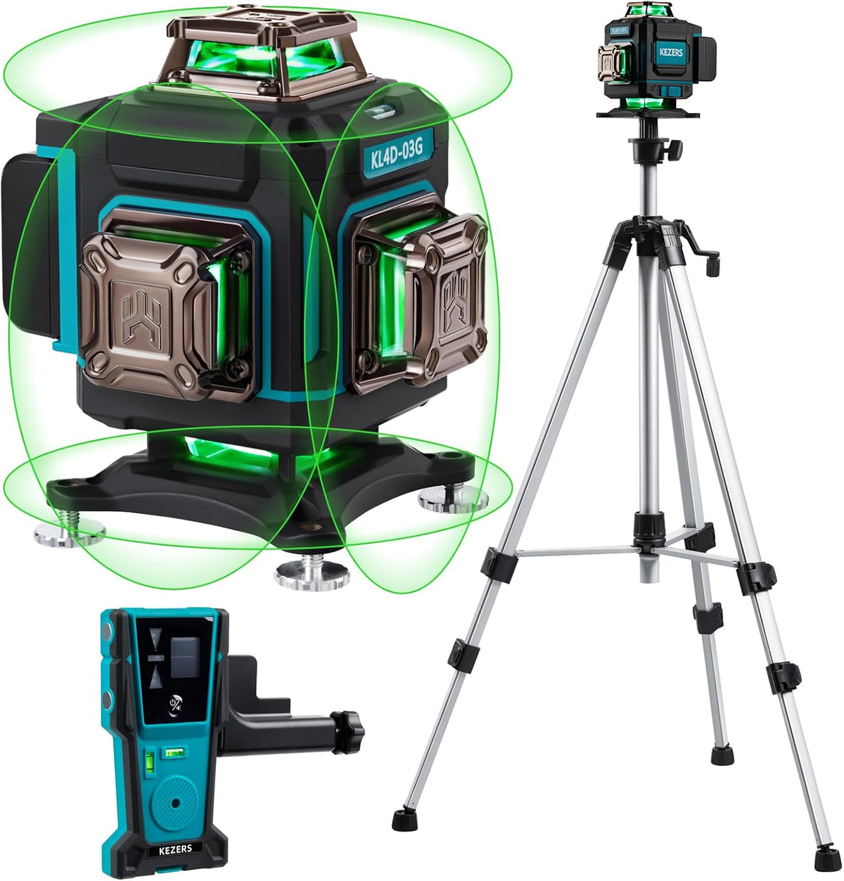 KEZERS Laser Level Set with Receiver,4 x360 Self Leveling Laser Level with Tripod and Grade Rod for Construction,Home Renovation,Hanging Pictures,2 Batteries,Remote Control,Touch Screen