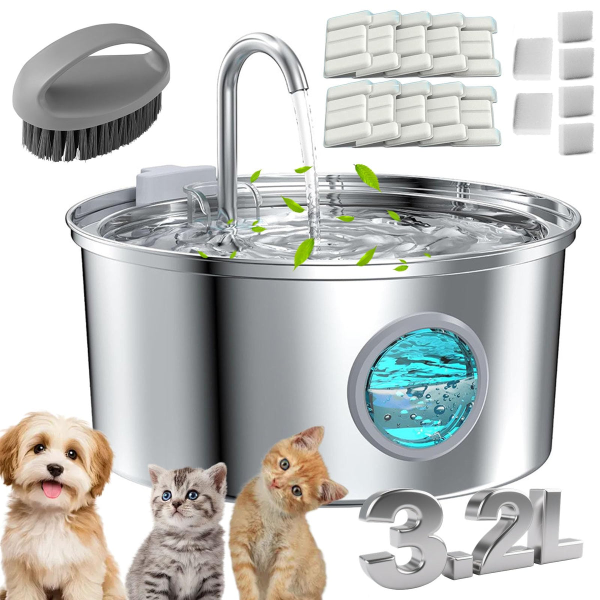 Cat Fountain, 3.2l/7l Water Fountain for Small Dogs, Super Quiet Stainless Steel Fountain Water Bowl for Small Cats Dogs (Silver, 7L-with 10 Filter Element)