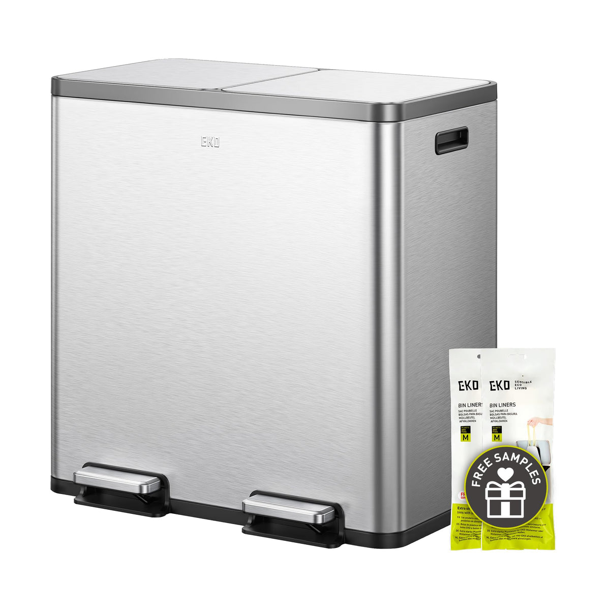 EKO EcoCasa II 36L+24L Dual Trash Can with Recycle Bin, Stainless Steel Garbage Can with Lid, Deodorizer Compartment, Odor-Proof and Fingerprint Resistant