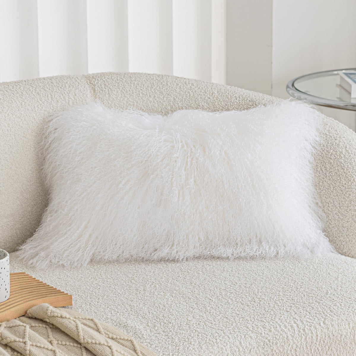 Real 100% Tibetan Mongolian Lamb Sheepskin Wool Fur Throw Pillow Covers White 24x24 Inch, Super Soft Plush Leather Accent Pillowcase Decorative Cushion Cover for Living Room Bedroom