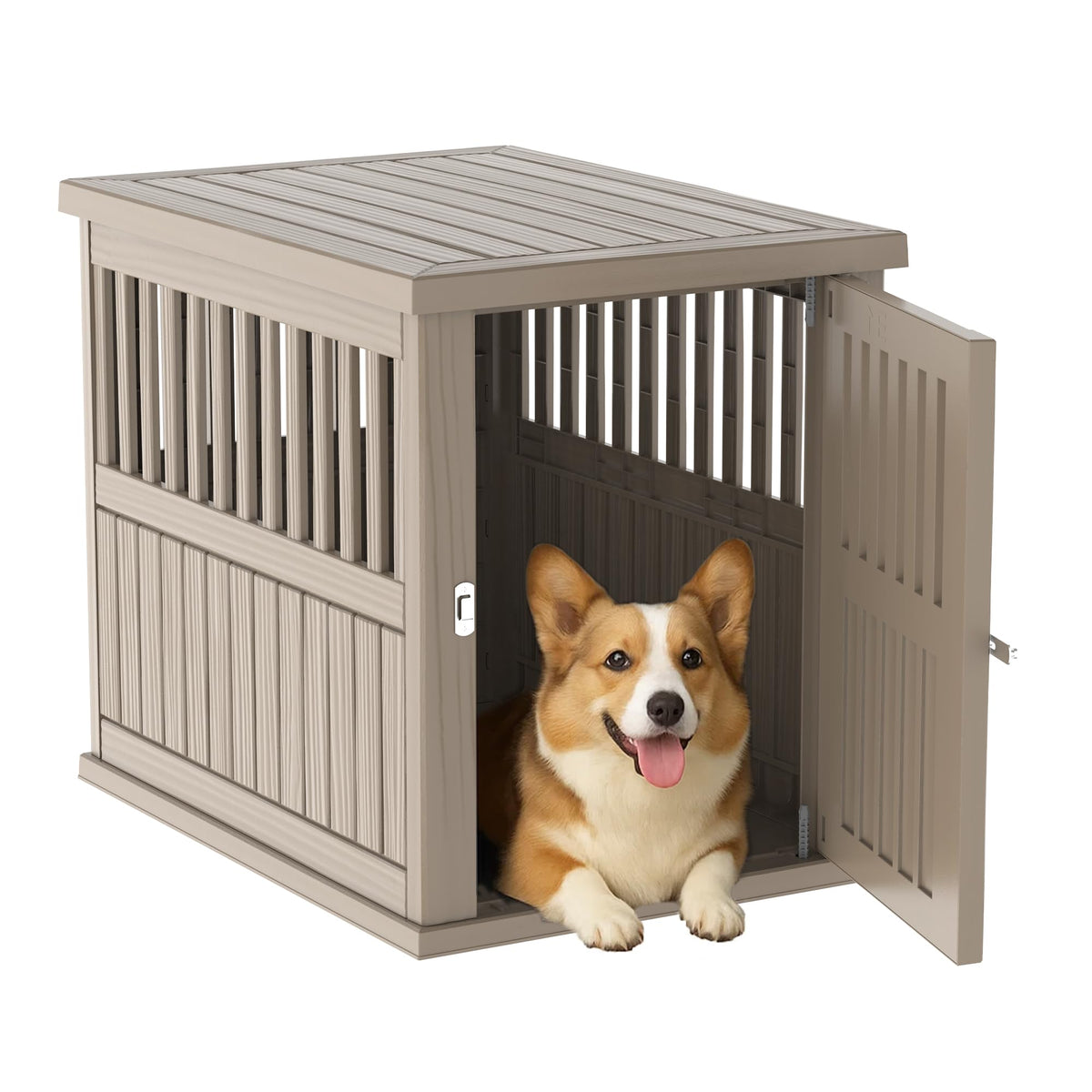 DRATO Dog House Resin Dog Kennel Furniture Weatherproof Functional End Table for Indoor Living Spaces & Outdoor Patios(Light Brown, Large (39.37 * 28.35 * 32.83))